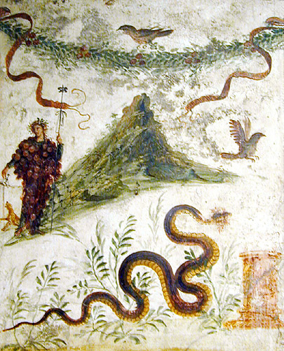 Fresco of Bacchus the Roman god of wine next to Mt. Vesuvius. 