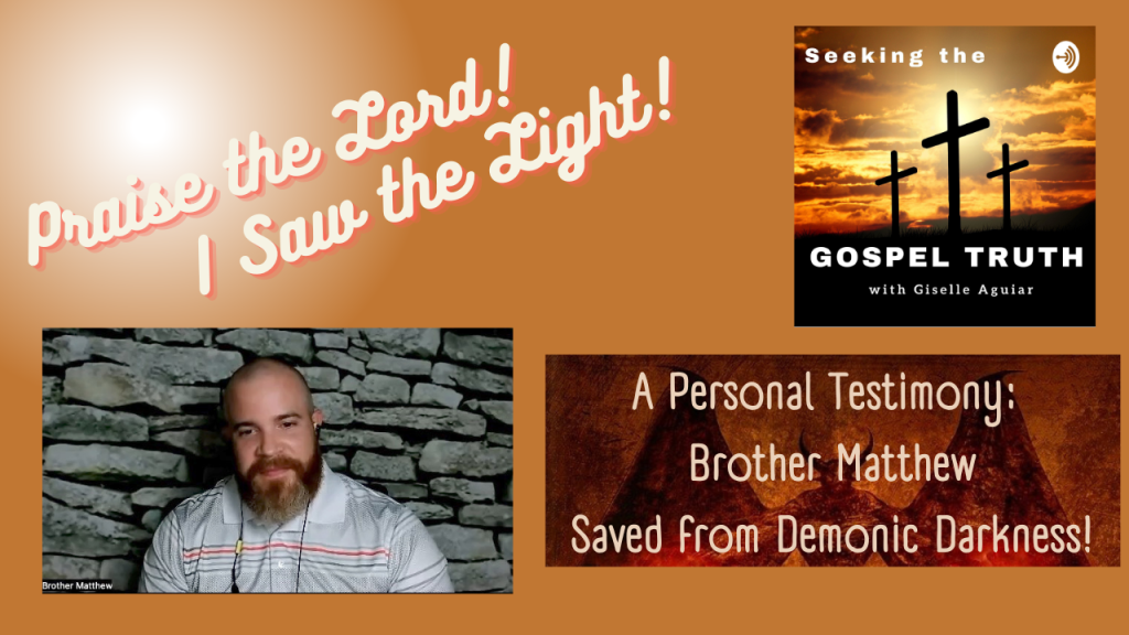 Collage promoting a personal Christian testimony with warm orange background and bold text, featuring a man named Brother Matthew and a podcast cover.