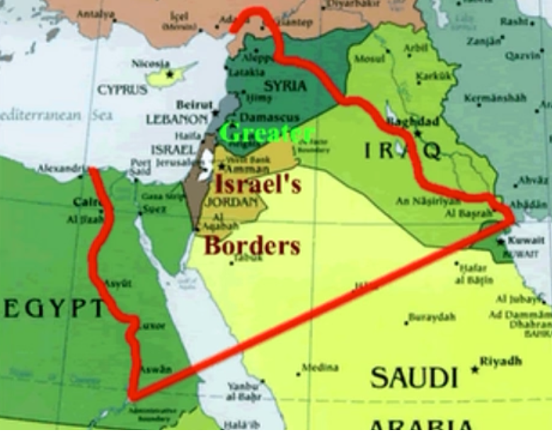 Map of Israel showing Israel's true borders as given by God. 